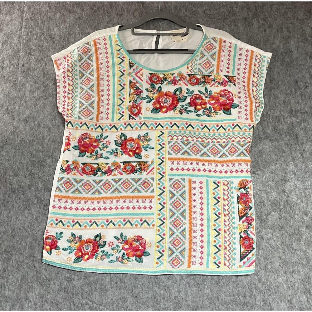 Savanna Jane Shirt Women Medium Multicolor Floral Embroidered Boho Top Southwest